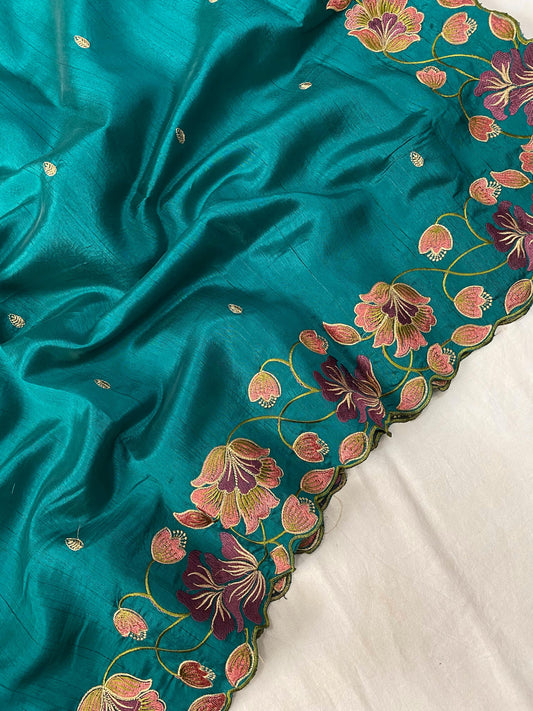 Cyan Silk Saree With Embroidery Work And Cutwork Border
