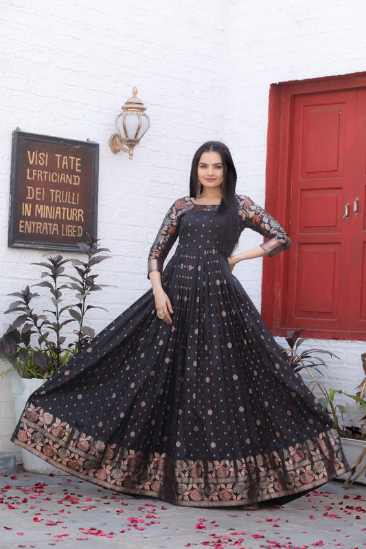 Black Traditional Banarasi Silk Zari Woven Stitched Gown