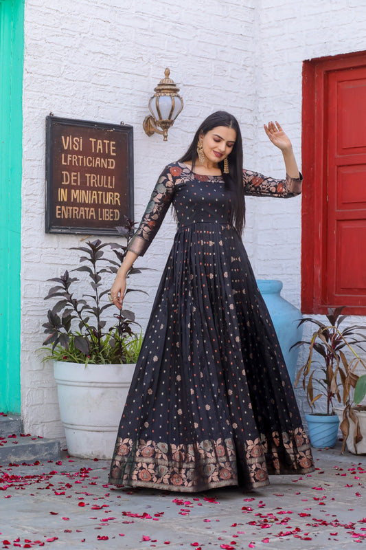 Black Traditional Banarasi Silk Zari Woven Stitched Gown