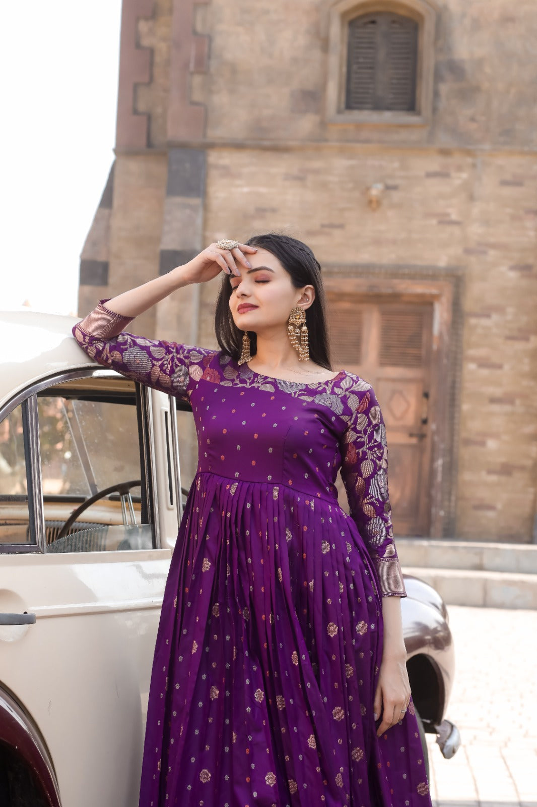 Purple Traditional Banarasi Silk Zari Woven Stitched Gown