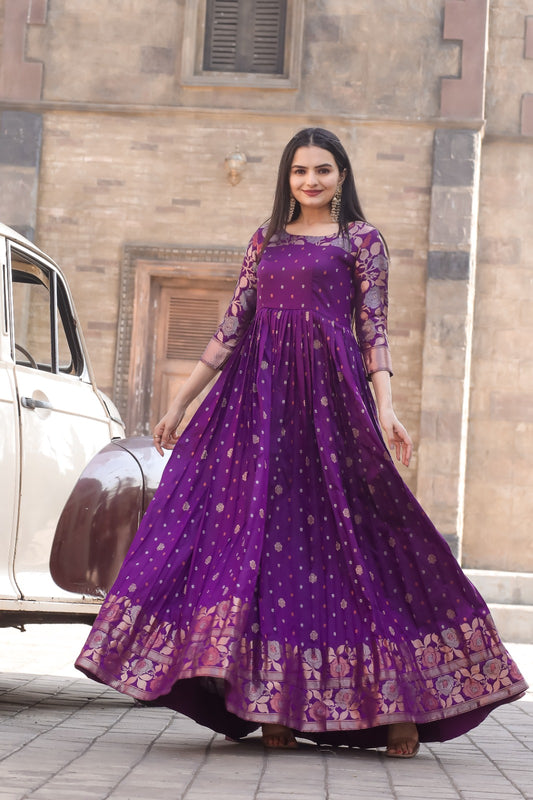 Purple Traditional Banarasi Silk Zari Woven Stitched Gown