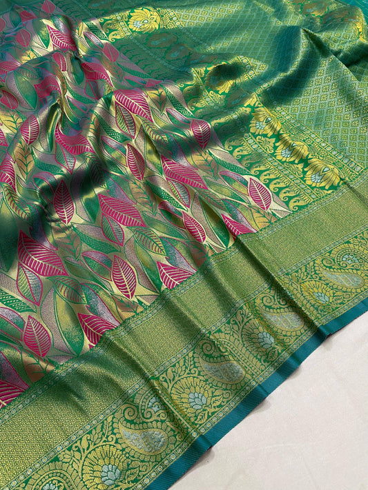 Aqua Deep Silk Kanchipattu Saree With Weaving Border