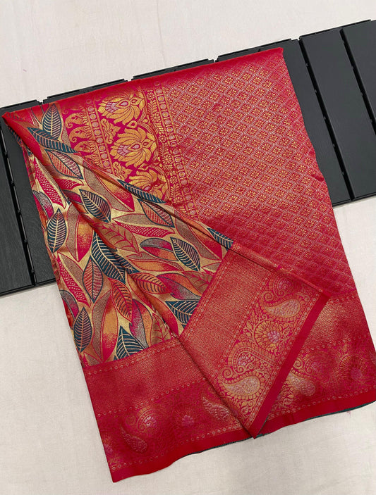 Cornell Red Silk Kanchipattu Saree With Weaving Border