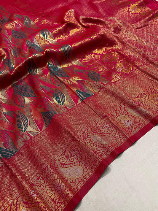Cornell Red Silk Kanchipattu Saree With Weaving Border