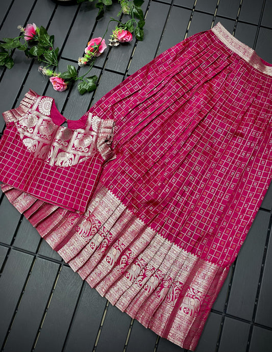 Pink Designer Kanchipuram Silk Kids Croptop With Lehenga