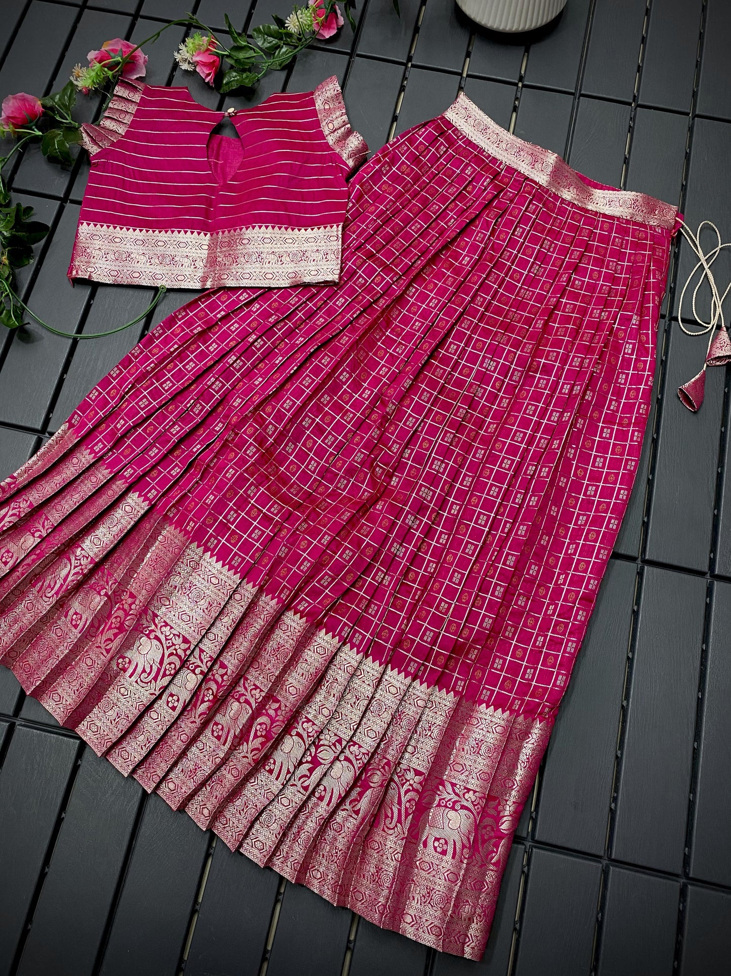 Pink Designer Kanchipuram Silk Kids Croptop With Lehenga