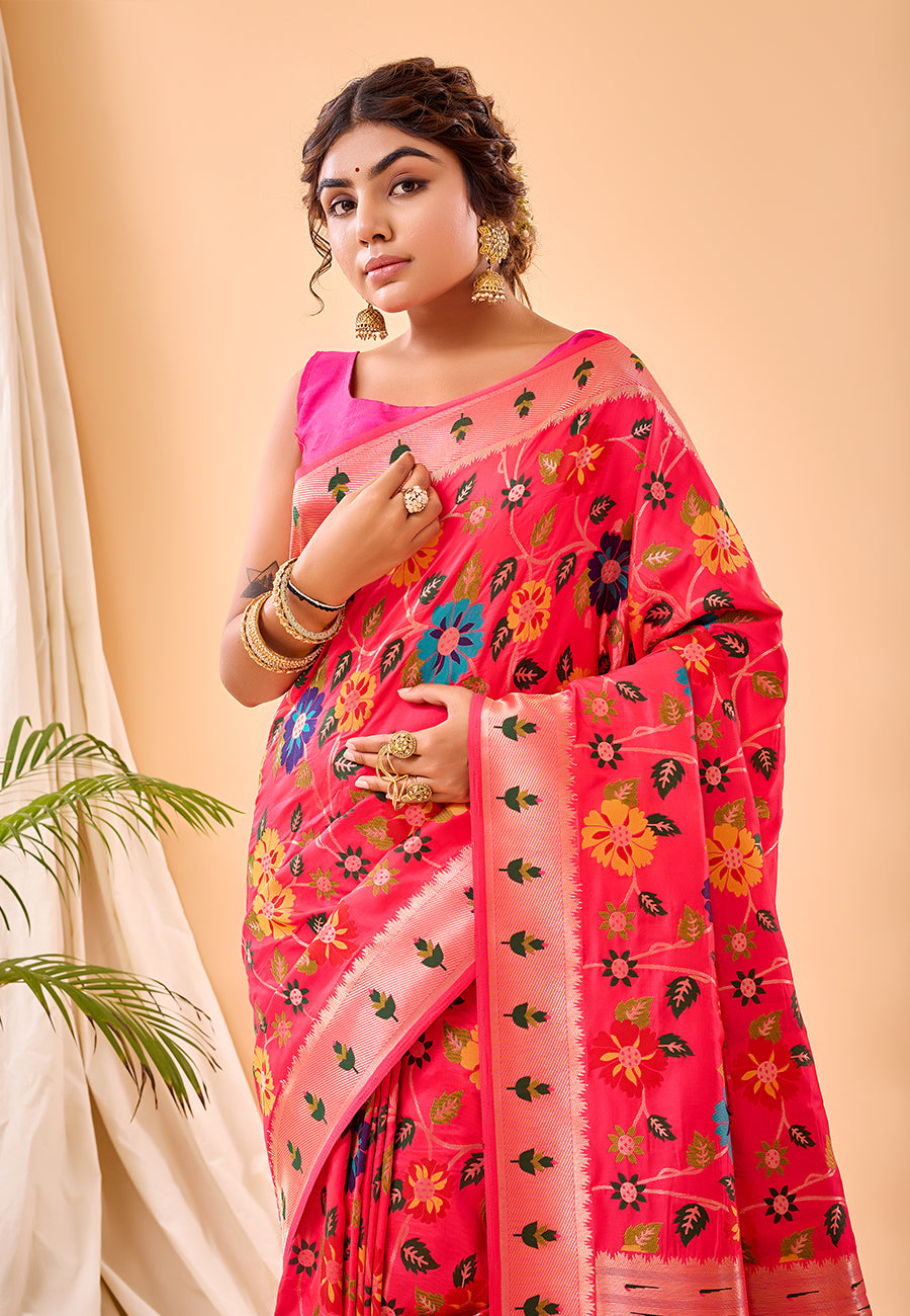 Pink Radhika Kashmiri Pashmina Jaal Silk Woven Saree
