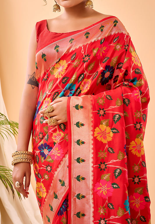 Red Radhika Kashmiri Pashmina Jaal Silk Woven Saree
