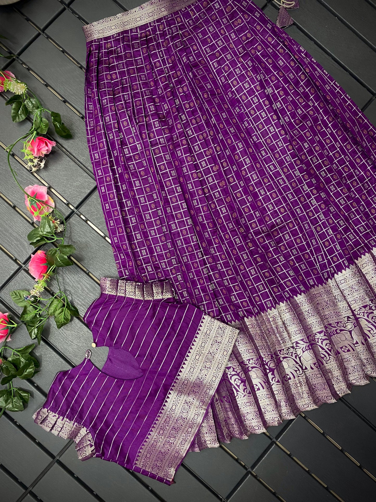 Purple Designer Kanchipuram Silk Kids Croptop With Lehenga
