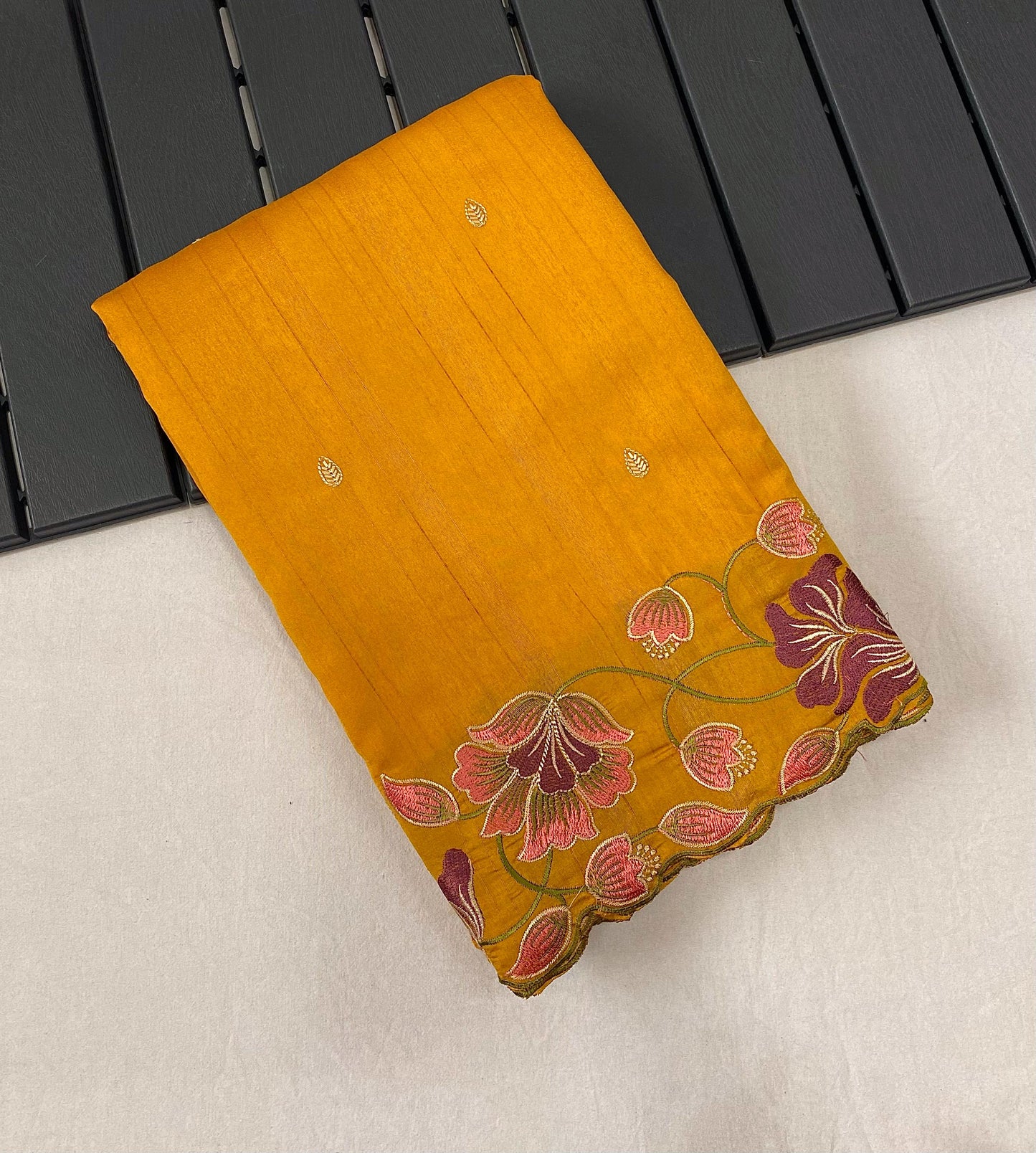 Yellowish Orange Silk Saree With Embroidery Work And Cutwork Border