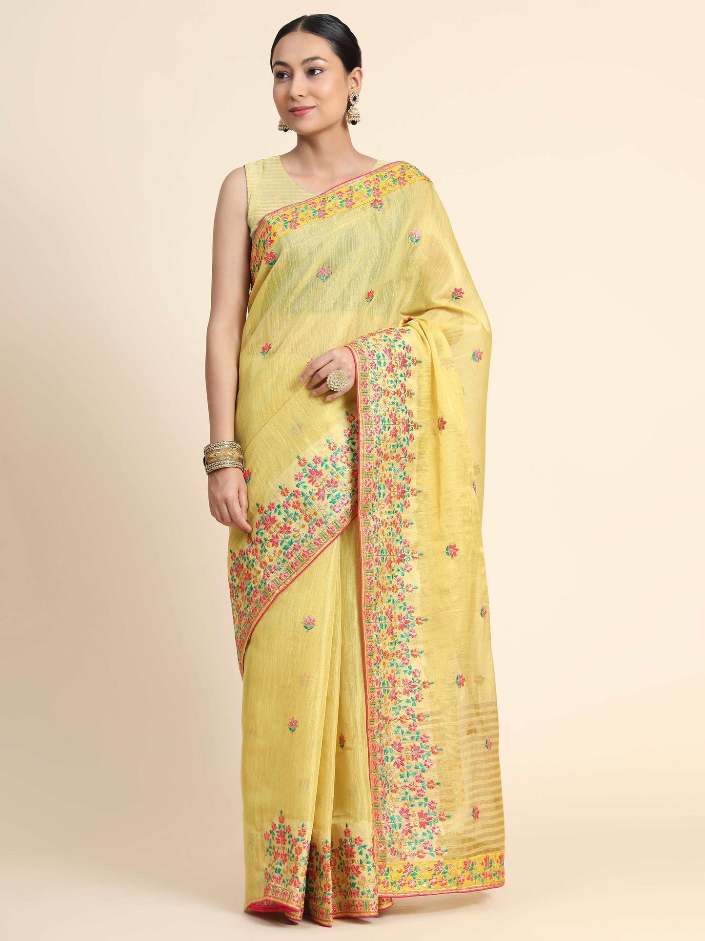 Gold Tissue Embroidered Panel Work Saree Yellow Gold