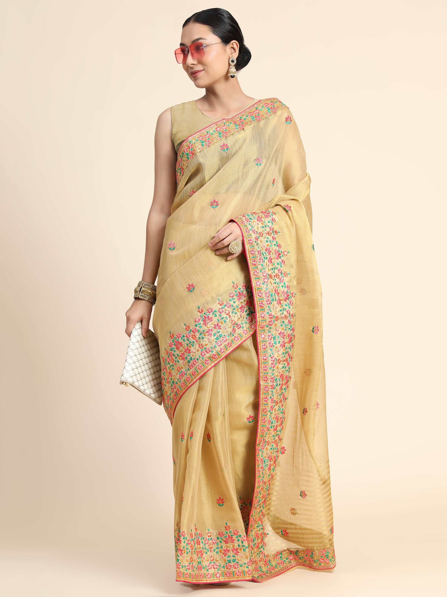Gold Tissue Embroidered Panel Work Saree Chickoo