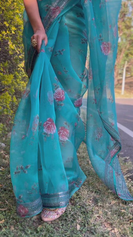 Pure Soft Organza Floral Printed Grey Sequins Coding Work Saree Pacific Blue