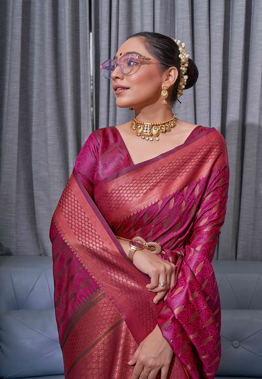 Burgundy Pink Saraswati Banarasi Silk Woven Saree