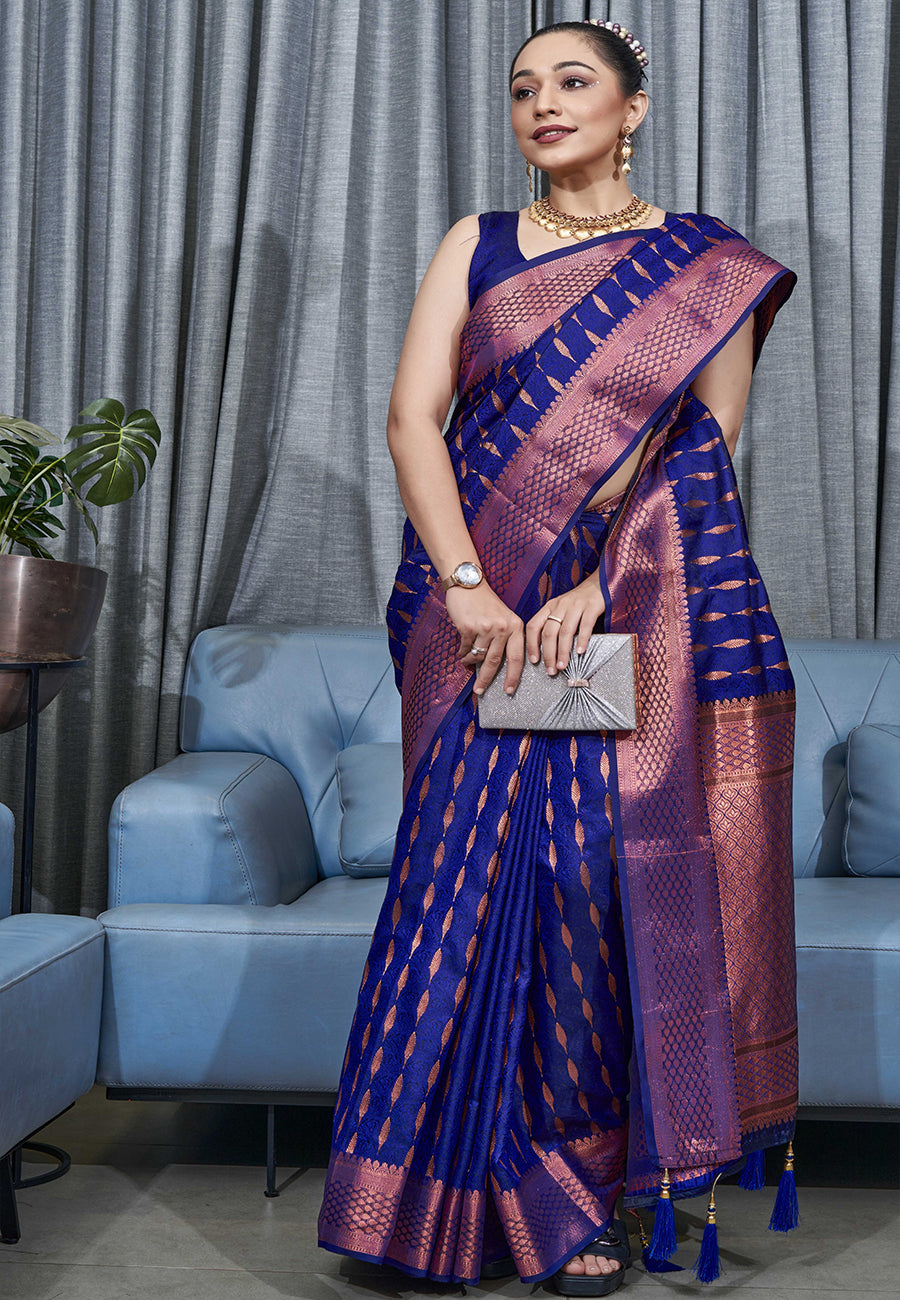 Royal Blue Khaddi Georgette Handloom Banarasi Saree - All over Jaal Wo —  The Handlooms