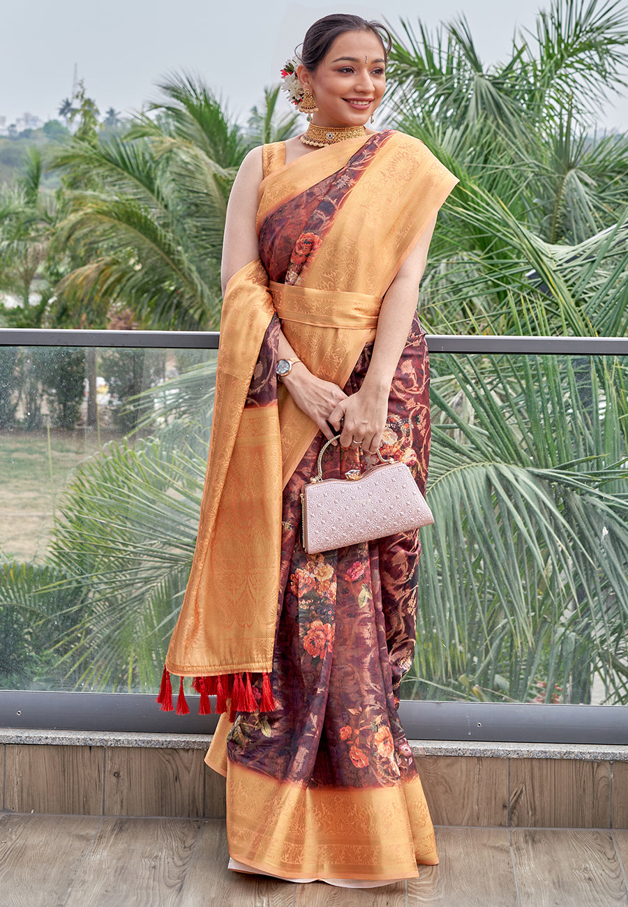 Maroon Kora Muslin Silk Floral Printed Zari Woven Saree