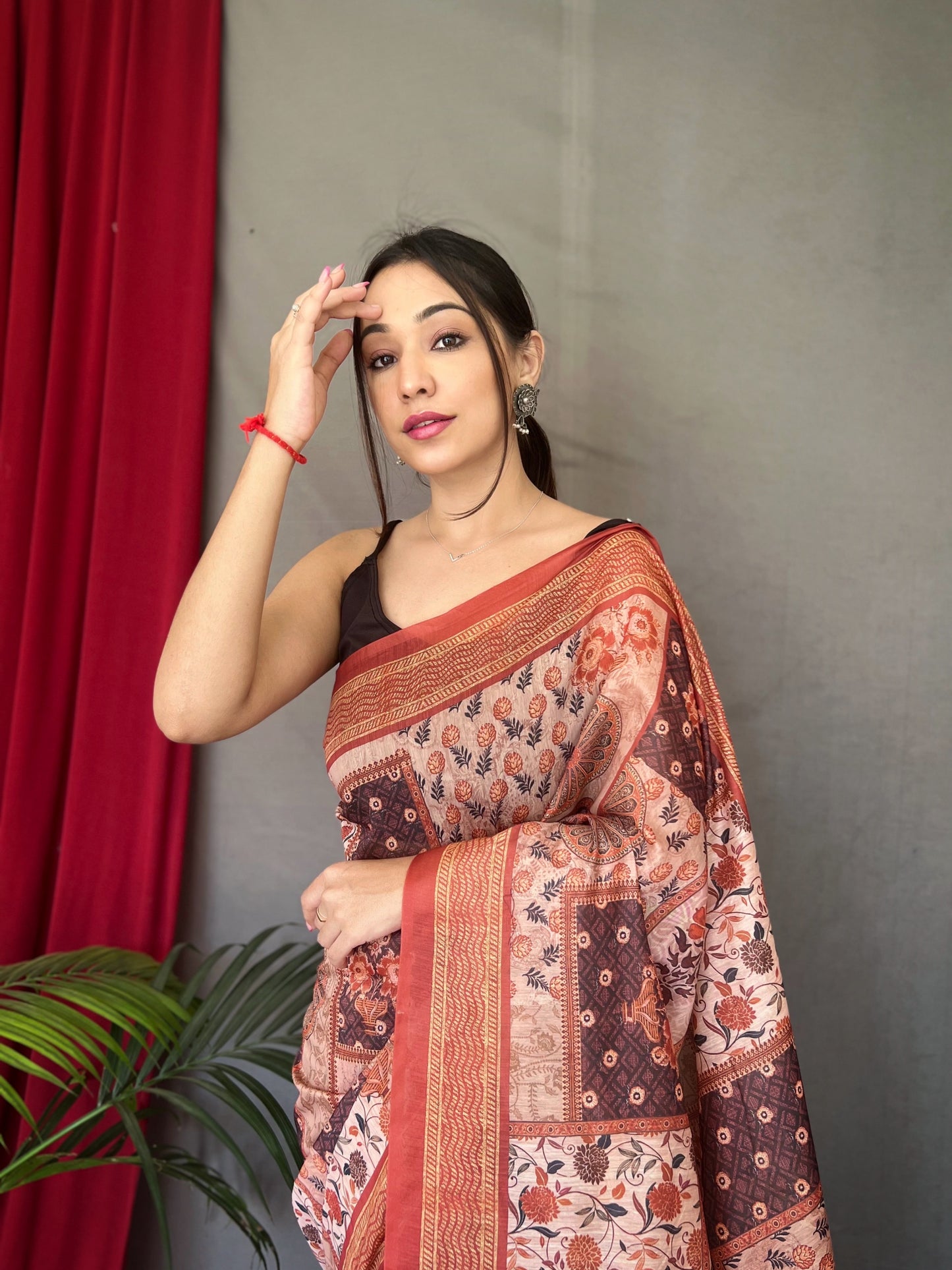 Light Brown Ajrakh Carpet Silk Cotton Printed Saree