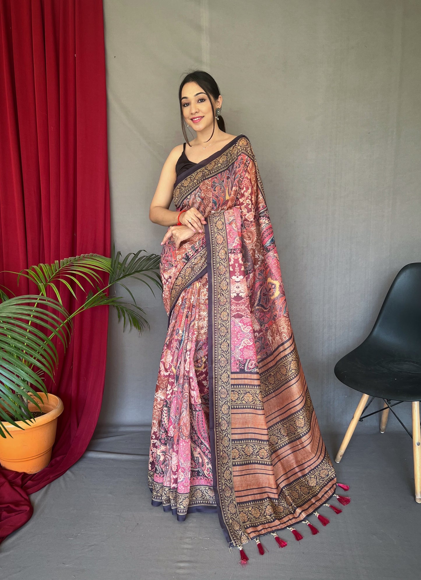 Pink Brown Ajrakh Carpet Silk Cotton Printed Saree
