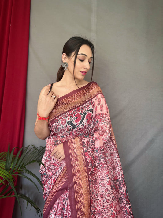 Baby Pink Ajrakh Carpet Silk Cotton Printed Saree
