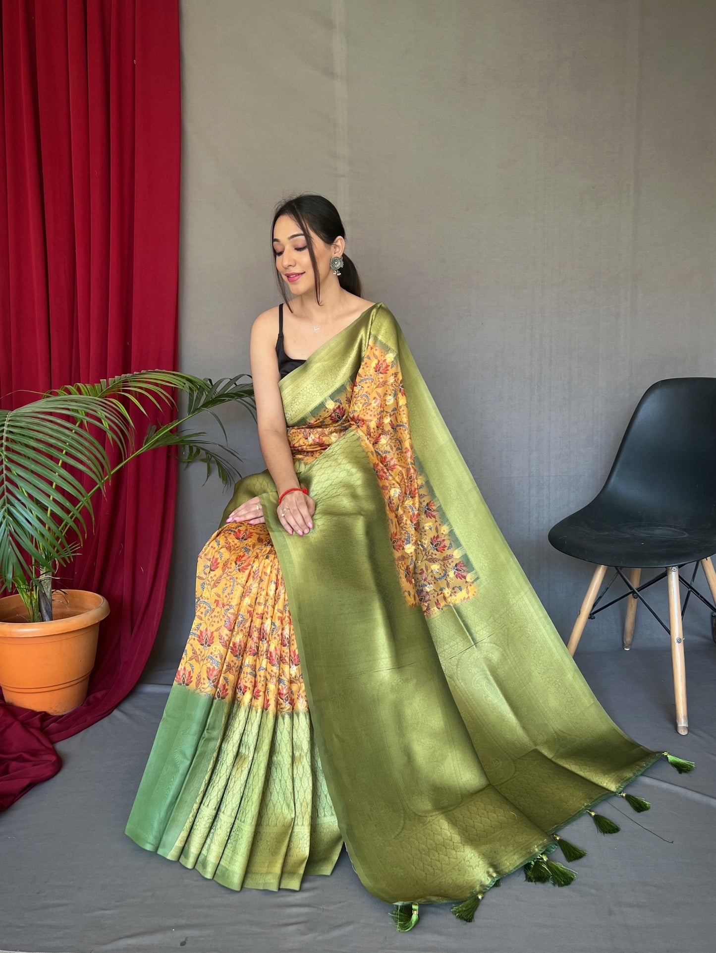 Orange Green Kora Muslin Kalamkari Silk Woven Saree
