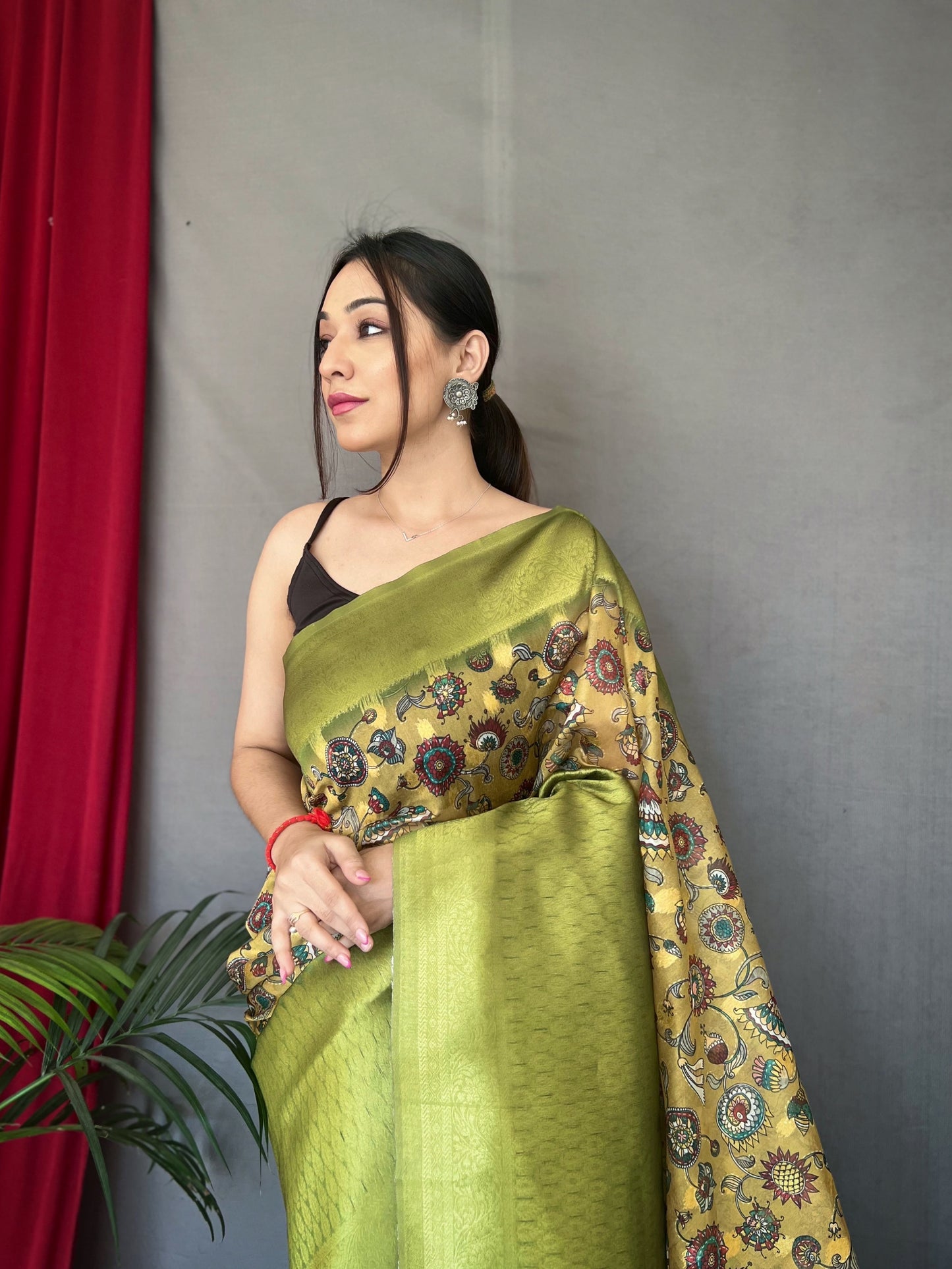 Yellow Green Kora Muslin Kalamkari Silk Woven Saree