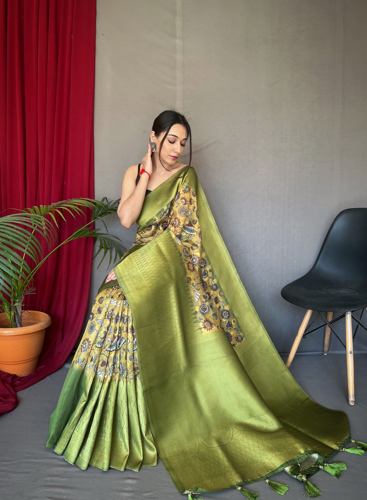 Yellow Green Kora Muslin Kalamkari Silk Woven Saree