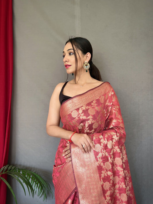 Indian Red Jhalak Cotton Linen Jaal Woven Saree