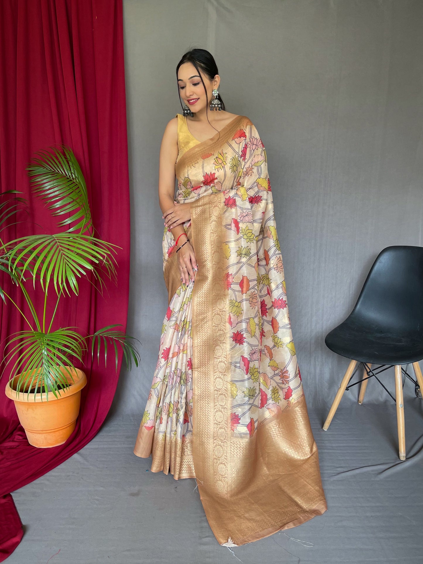 Banarasi Silk Woven Saree with Kalamkari Prints Cream