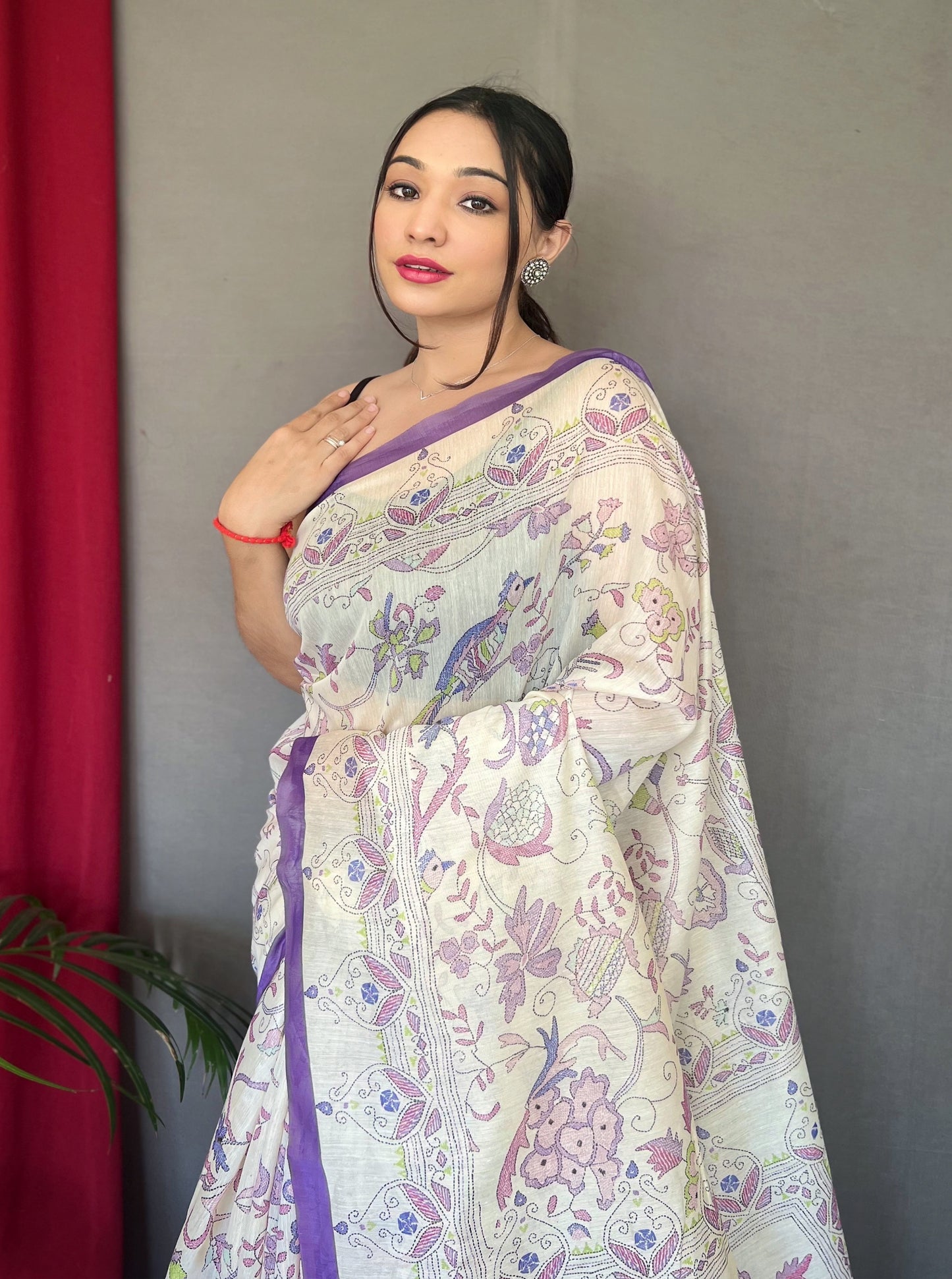 Purple Cotton Katha Printed Saree