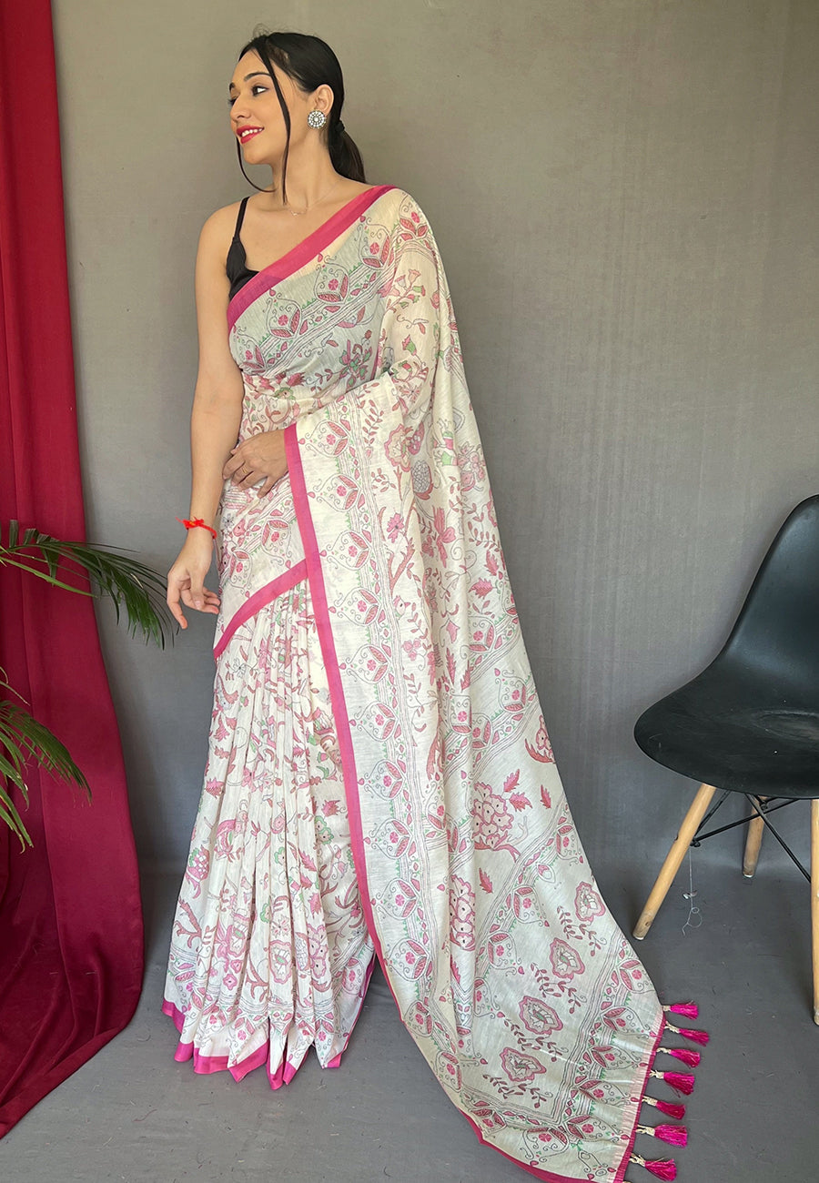 Pink Cotton Katha Printed Saree