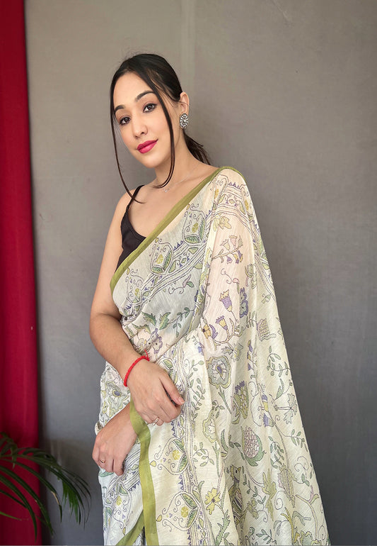 Green Cotton Katha Printed Saree