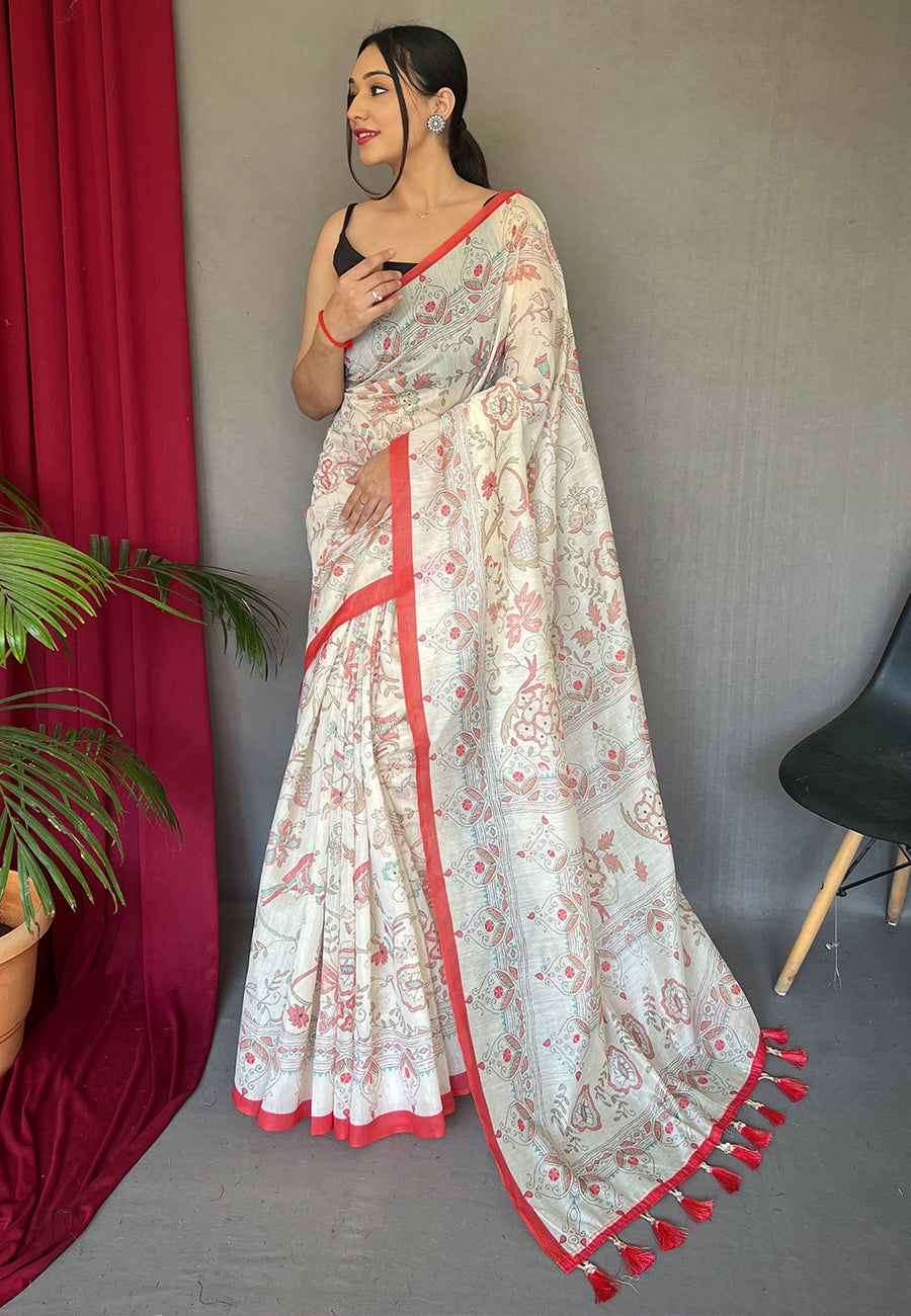 Red Cotton Katha Printed Saree