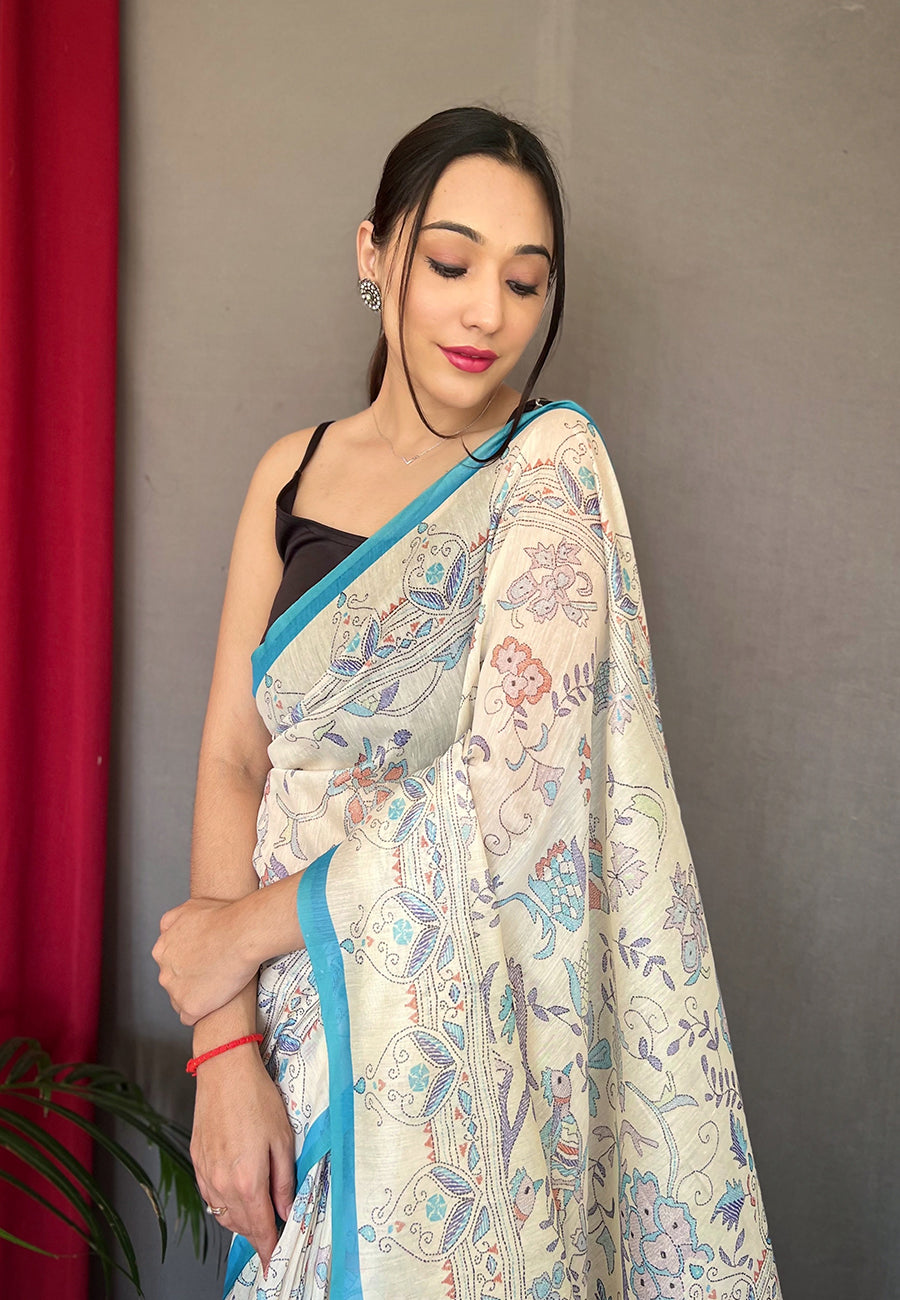 Blue Cotton Katha Printed Saree