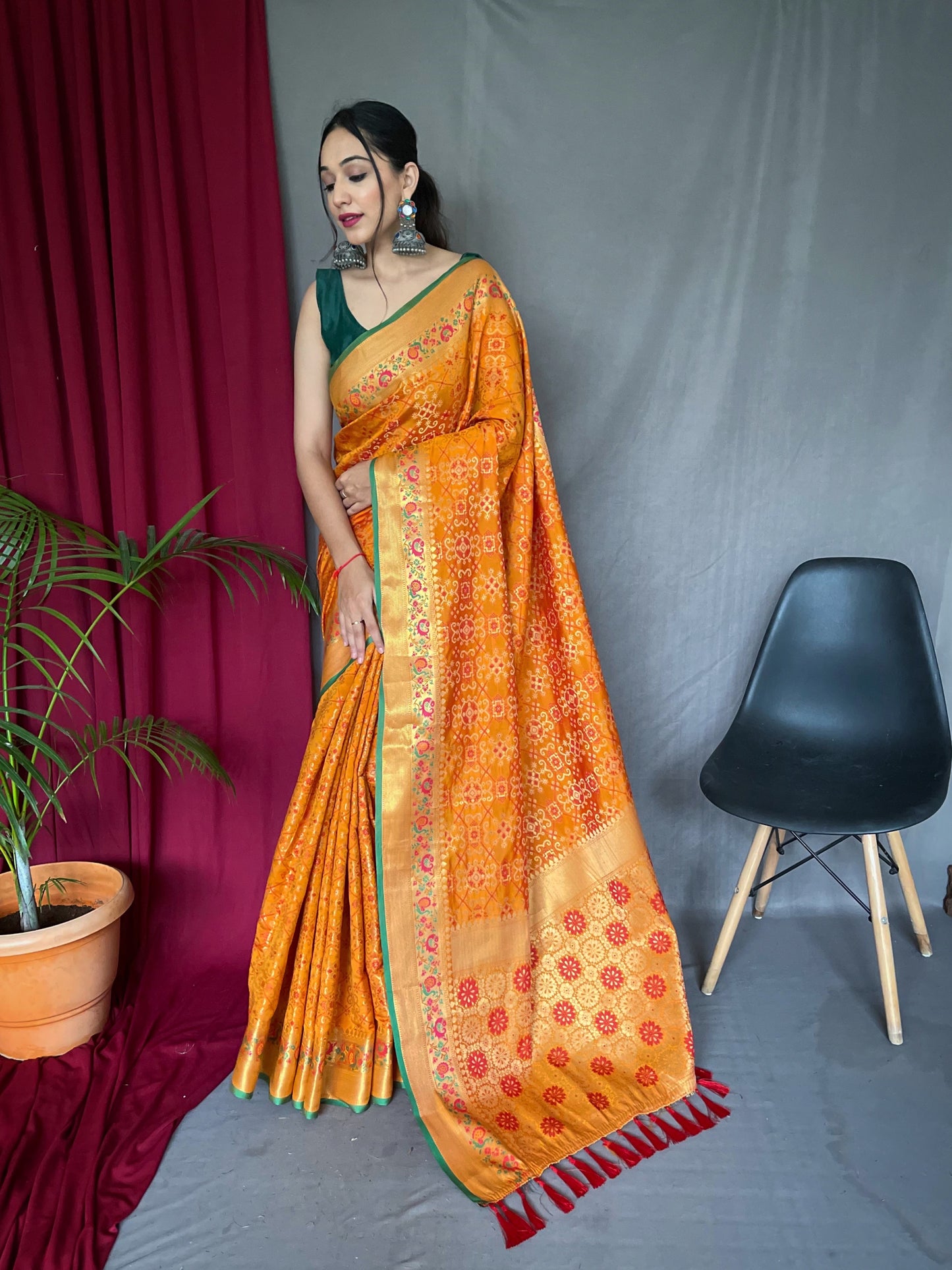 Bandhej Patola Silk Woven Saree Orange Gold