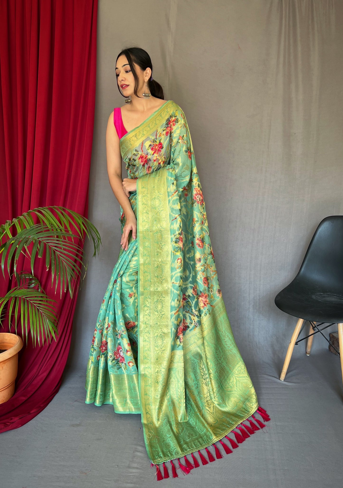 Mist Green Anokhi Kora Muslin Silk Floral Printed Jaal Woven Saree