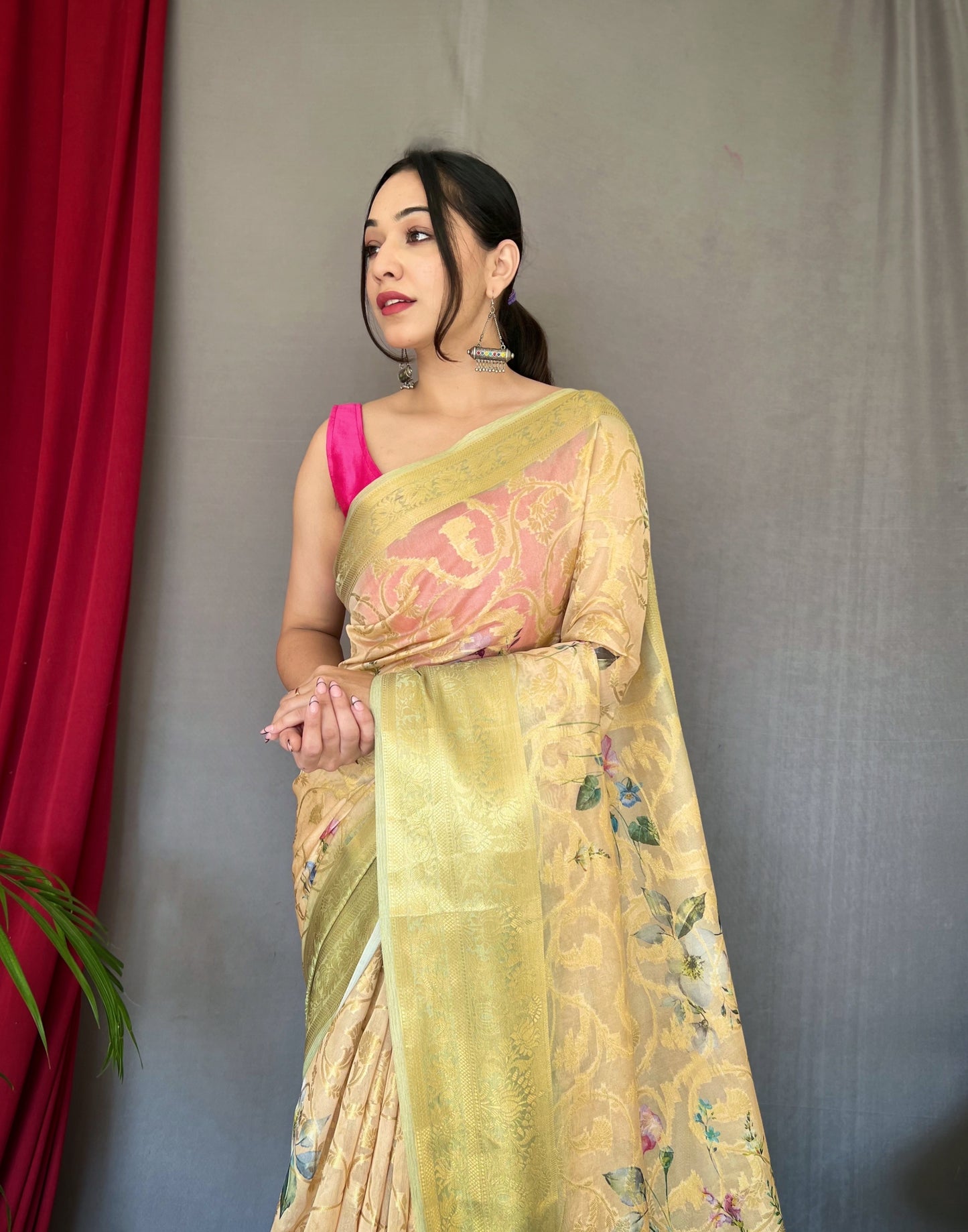 Cream Pista Anokhi Kora Muslin Silk Floral Printed Jaal Woven Saree