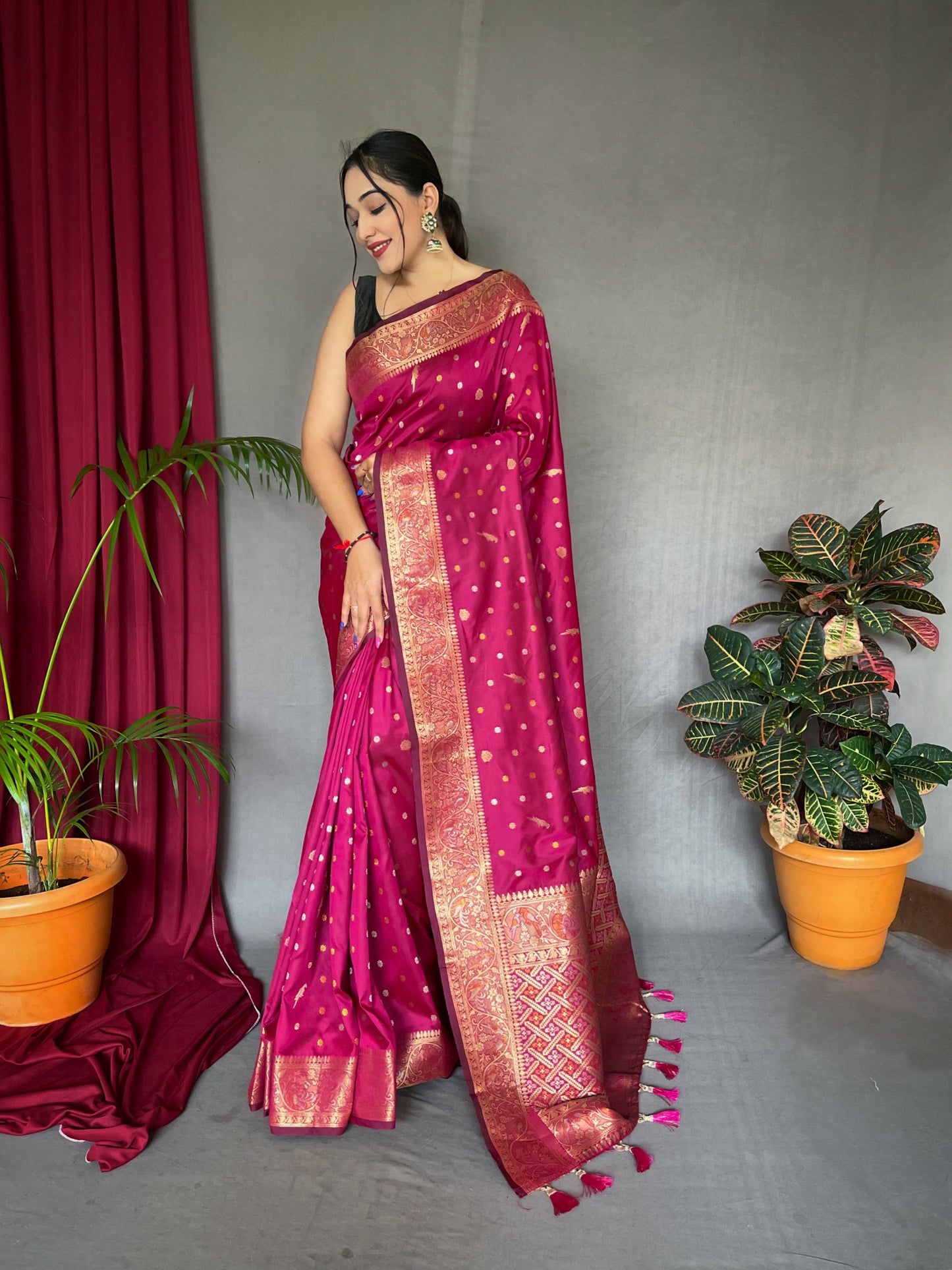 Udaan Soft Silk Multi Color Zari Woven Saree Dark Pink
