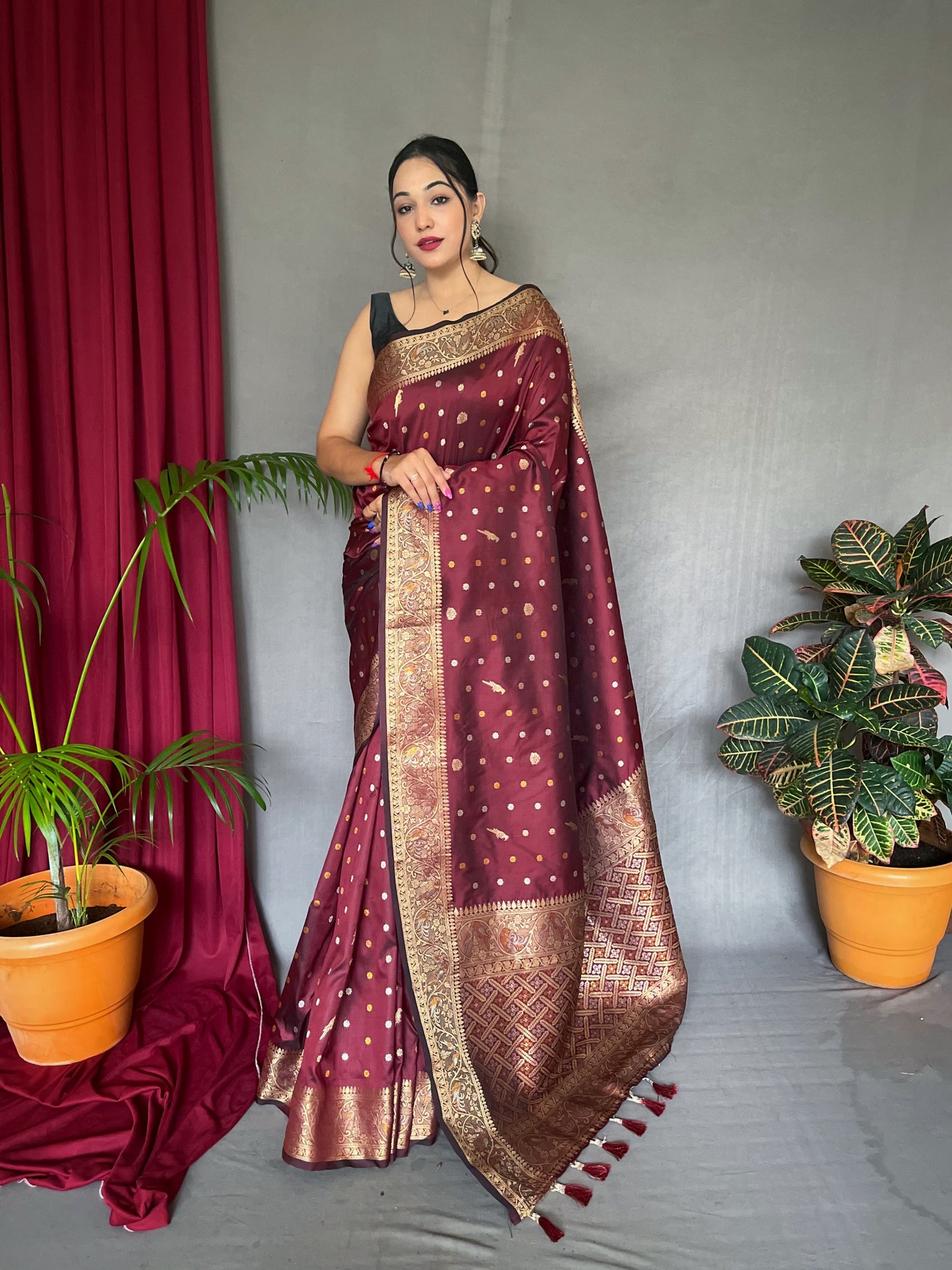 Udaan Soft Silk Multi Color Zari Woven Saree Sanguine Brown