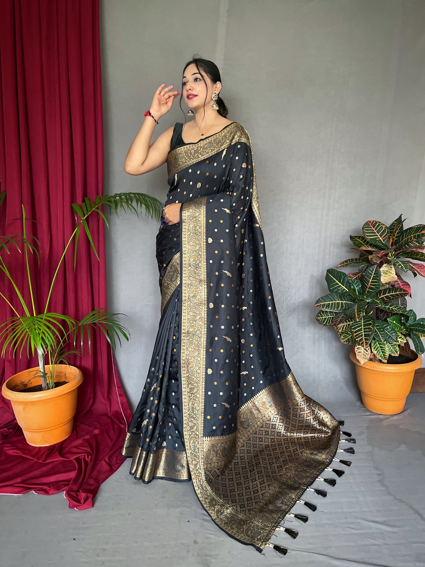 Udaan Soft Silk Multi Color Zari Woven Saree Black