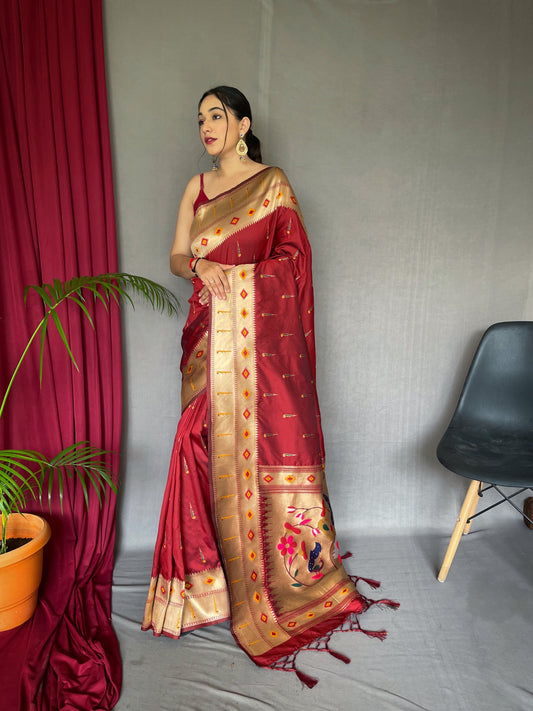 Muniya Paithani Silk Woven Saree Falu Red