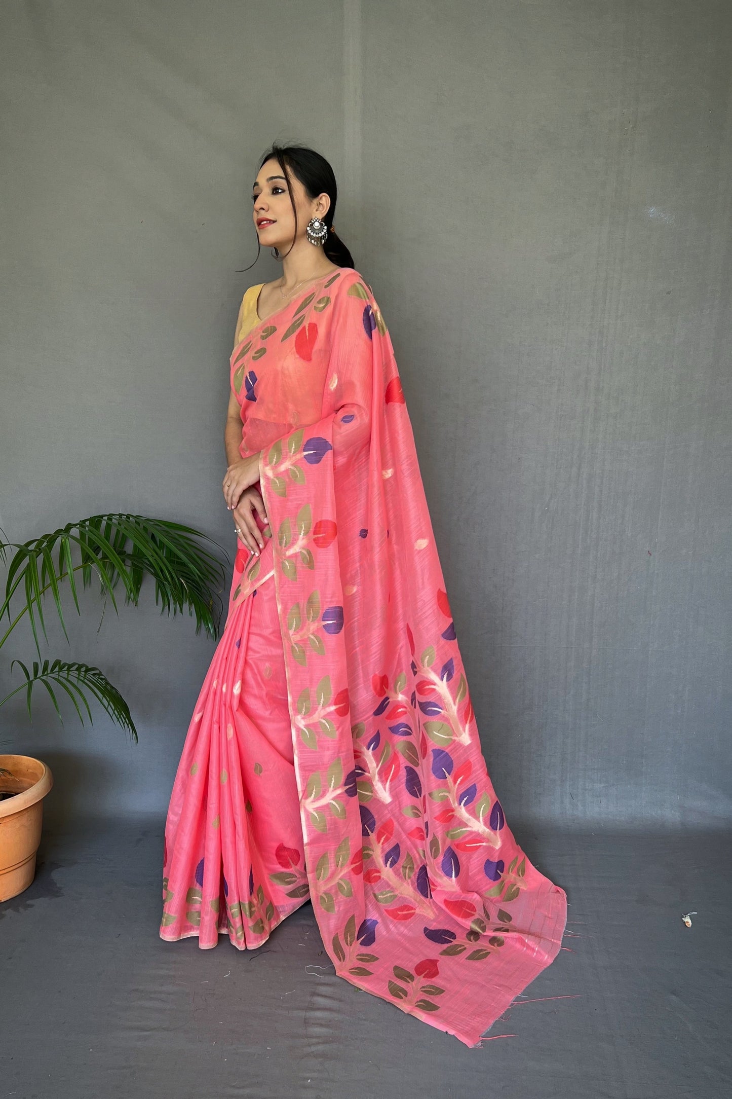 Coral Pink Shalini Cotton Jamdani Woven Saree