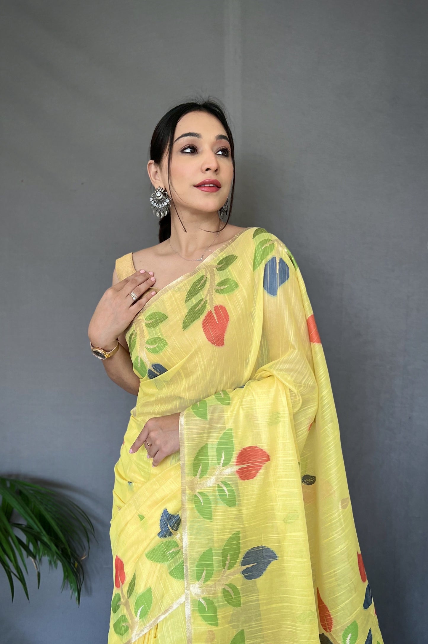 Yellow Shalini Cotton Jamdani Woven Saree
