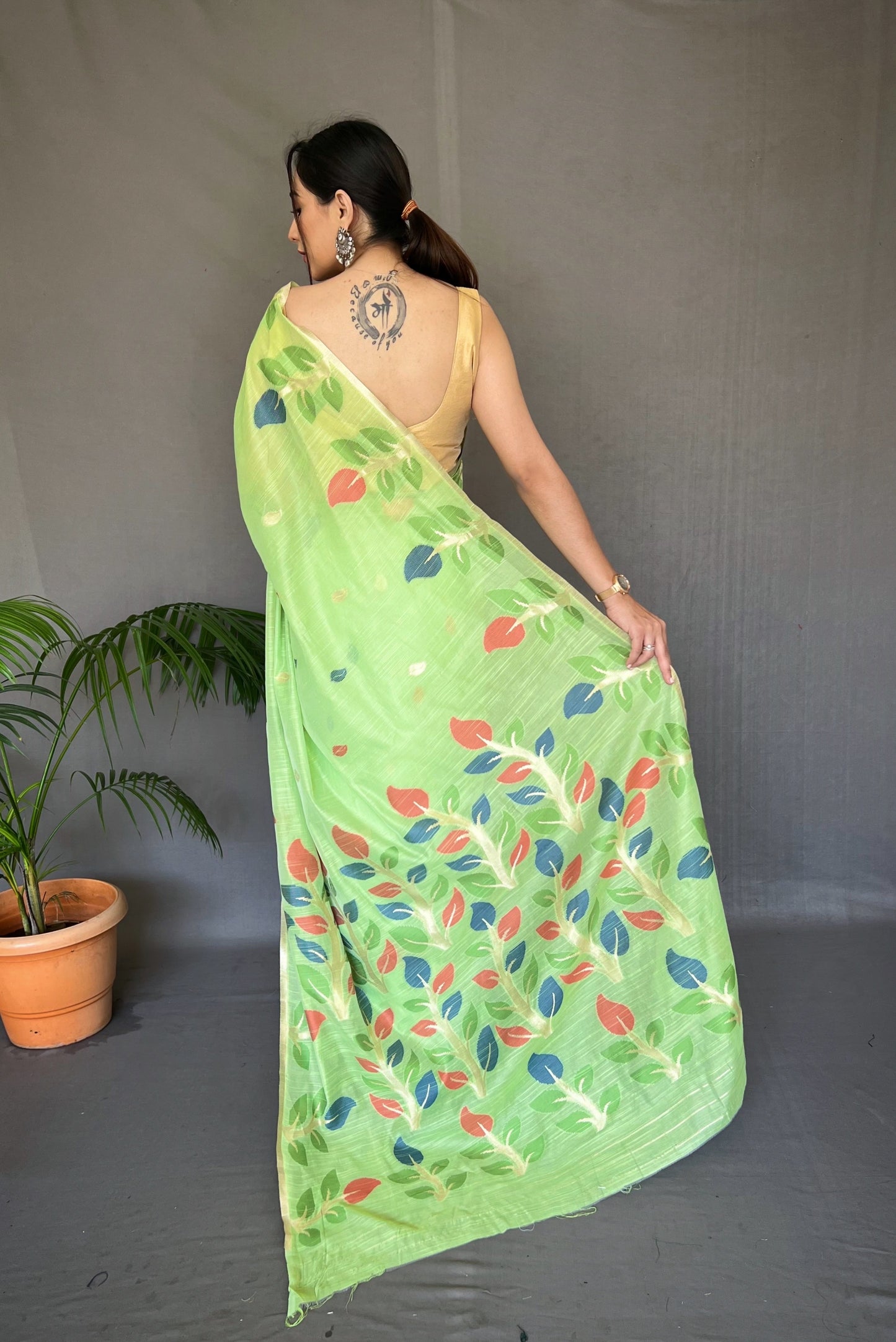 Green Shalini Cotton Jamdani Woven Saree