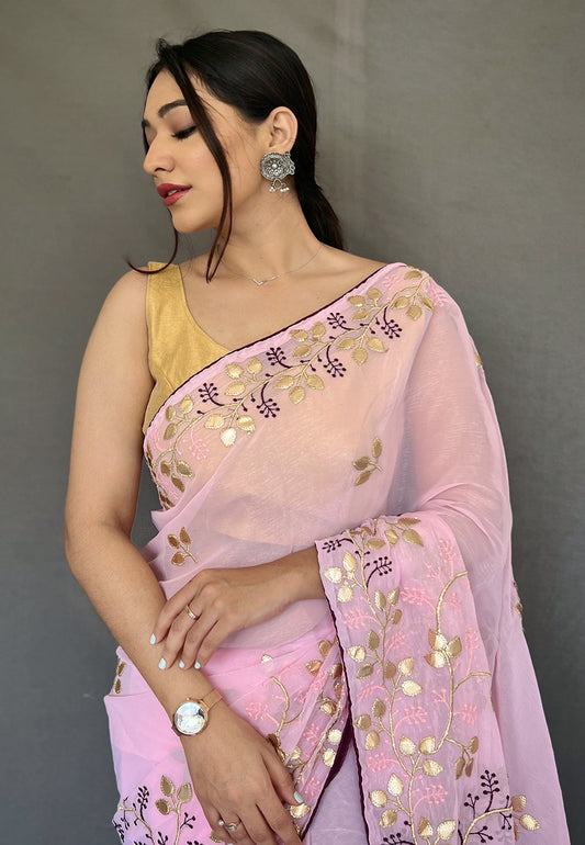 Baby Pink Arya Organza Shimmer Gota Patti Embroidered Saree