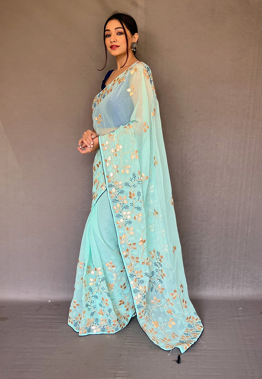 Sky Blue Arya Organza Shimmer Gota Patti Embroidered Saree