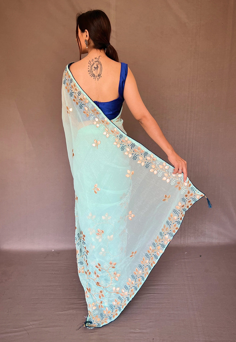 Sky Blue Arya Organza Shimmer Gota Patti Embroidered Saree