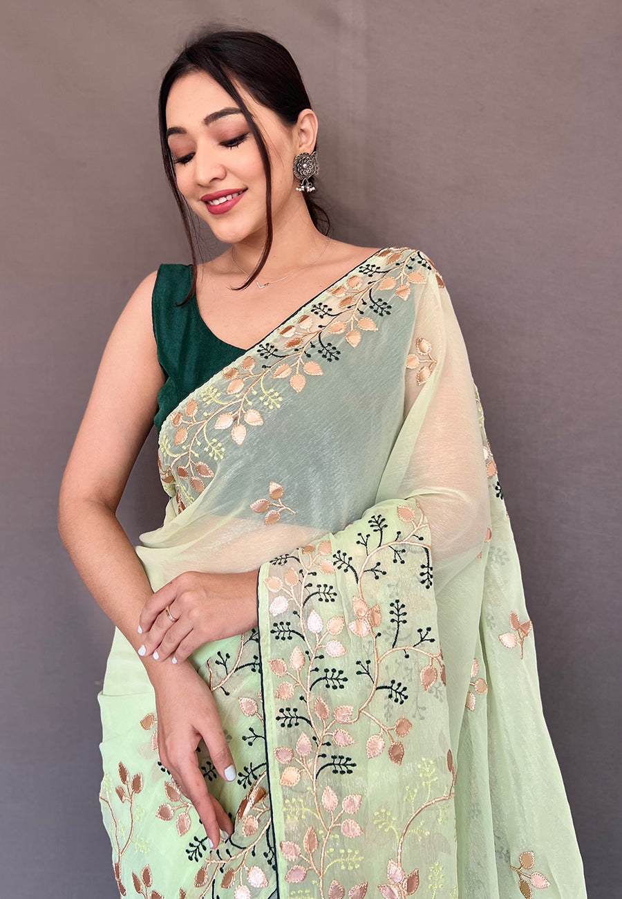 Thistle Green Arya Organza Shimmer Gota Patti Embroidered Saree