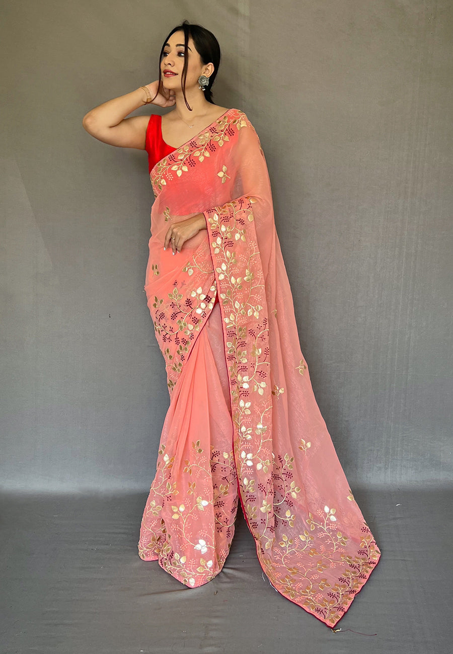 Coral Pink Arya Organza Shimmer Gota Patti Embroidered Saree