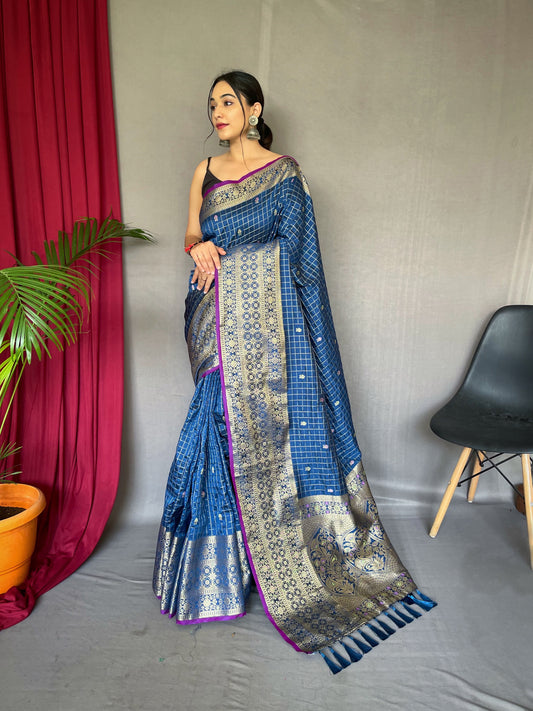 Kalindi Soft Silk Checks Woven Saree Dusk Blue