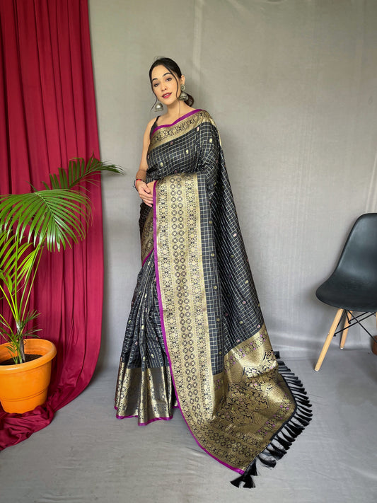 Kalindi Soft Silk Checks Woven Saree Black